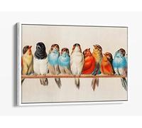 Vintage Birds On A Perch Decor Canvas Floater Frame Print Picture Art - White Frame 18 inch wide x 12 inch high