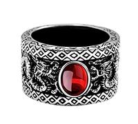 Vintage Black 925 Sterling Silver Double Dragon Ring with Red Garnet Punk Oriental Jewellery for Men Women Size R 1/2