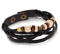 Vintage Black Adjustable Nautical Surfer Leather Bracelet Bangle with Wood Ropes by Regetta Jewelry