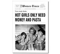 Vintage Black and White Canvas Wall Art, Girls Having Fun Newspaper Print Room Aesthetic Poster, Women Eating Pasta Art, Trendy Funky Girly Bedroom Bar Cart Wall Decor 12x16in Unframed