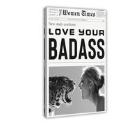 Vintage Black And White Poster Wall Art, Retro Preppy Aesthetic Newspaper Posters Canvas, for Women, Women And Leopards Wall Art, Love Your Badass Frame-style 12x18inch(30x45cm)