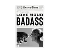 Vintage Black And White Poster Wall Art, Retro Preppy Aesthetic Newspaper Posters Canvas, for Women, Women And Leopards Wall Art, Love Your Badass Unframe-style 16x24inch(40x60cm)