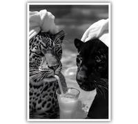 Vintage Black and White Wall Art Posters Funny Cheetah and Jaguar Drink Cocktail Decor Fashion Panther Prints Pictures Funky Animal Photography Canvas for Bar Cart Bathroom Aesthetic 12x16in Unframed