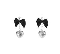 Vintage Black Bow Ribbon Chunky Heart Dangle Drop Earring for Women Y2k Aesthetic Pearl Chain Silver Love Bowknot CZ Stud Earrings Luxury Statement Party Wedding Bride Jewelry Holiday Valentine's Day