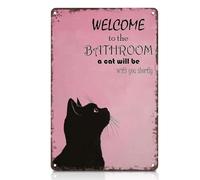 Vintage Black Cat Bathroom Metal Signs - "Welcome To The Bathroom A Cat Will Be With You Shortly", Funny Bathroom Signs, Retro Wall Decor for Home Restroom Washroom Toilet 8x12 Inch