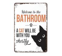 Vintage Black Cat Bathroom Metal Signs - "Welcome To The Bathroom A Cat Will Be With You Shortly", Funny Wall Art Decor, Retro Metal Signs for Badezimmer WashroomToiletten 8x12 Inch