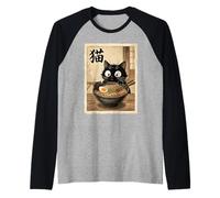 Vintage Black Cat Eating Ramen Japanese Noodle Japan Raglan Baseball Tee
