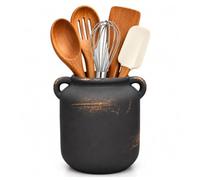 Vintage Black Ceramic Utensil Holder, 7 Inch Rustic Farmhouse Kitchen Crock | 4.5 Inch Opening Rustic Ceramic Countertop Organizer with Distressed Finish for Spoons, Spatulas and Cooking Tools