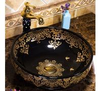 Vintage Black Gold Floral Paisley Pattern Bathroom Cloakroom Round Ceramic Counter Top Basin Sink Washing Bowl Craft Handmade 400 mm Moroccan Sparkle
