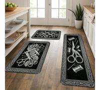 Vintage Black Kitchen Mats for Floor, Scissors and Threads Patterned Soft Mats, All Season Cushioned Comfort Washable Decor Rugs for Kitchen Sinks Laundryroom Bathroom 3pcs