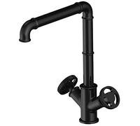 Vintage Black Kitchen Sink Mixer Tap Industrial Steampunk Faucet with Swivel Spout Retro Dual Handwheel Brass Construction for Hot and Cold Water Standard Inlet Pipe.