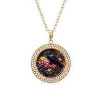 Vintage Black Raven Crow Round Pendant Necklace Diamond Edging Brilliant Personalized Jewelry Gifts for Women Golden-style