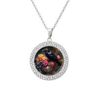 Vintage Black Raven Crow Round Pendant Necklace Diamond Edging Brilliant Personalized Jewelry Gifts for Women Silver-style