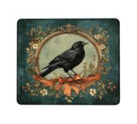 Vintage Black Raven Mouse Pad, Green Floral Oval Design Stitched Edge Mousepad, Rubber Non-Slip Washable Gaming Mouse Pad for Home and Office, Autumn Aesthetic Square 8x10 Inch