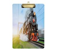 Vintage Black Steam Locomotive Train Rush Acrylic Clipboard A4/Letter Size Clipboards with Low Profile Clip for Women, Men, Girls, Boys, Kids, Teachers, Business, Classroom 12 x 9 inch Silver Clip