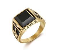 Vintage Black Stone Onyx Signet Ring for Men,Antique Stainless Steel Gold-Plated Ring Freemasonry Masonic Agate Pinky Ring Titanium Steel Ring Gemstone Signet Unique Fashion Biker Jewelry, Large, L