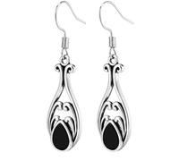 Vintage Black Teardrop Dangle Earrings for Women Oval Onyx Style Gemstone Drop Jewelry in Black and Silver (Black)