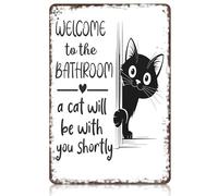 Vintage Black & White Cat Metal Signs - "Welcome To The Bathroom A Cat Will Be With You Shortly", Funny Bathroom Signs, Retro Wall Decor for Home Restroom Washroom Toilet 8x12 Inch