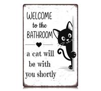 Vintage Black & White Cat Metal Signs - "Welcome To The Bathroom A Cat Will Be With You Shortly", Funny Bathroom Signs, Retro Wall Decor for Home Restroom Washroom Toilet 8x12 Inch