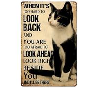 Vintage Black & White Cat Wall Art When It's Too Hard to Look Back Tuxedo Sign Funny Metal Tin Decor Gifts for Lovers Retro Bathroom Aluminum Restroom 6x8in