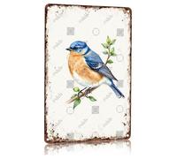 Vintage Blue and Orange Bird Metal Tin Sign Aluminum Wall Art Decor for Home Office Bar Cafe Garden Rustic Retro Poster with Green Leaves Branch Design 8x12 Inch