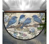 Vintage Blue Bird Branch Half Round Door Mat, Cute Animal Non-Slip Half Circle Area Rug Doormat Absorbent Half Moon Rug Front Welcome Entrance Way Mat for Indoor Outdoor Kitchen Bedroom Home Decor
