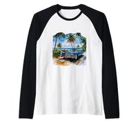 Vintage Blue Cadillac by the Coast - Watercolor Style Print Raglan Baseball Tee