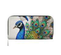 Vintage Blue Elegant Colorful Peacock Leather Wallet For Women Girl, Zip Around Credit Card Holder Long Pu Wallet Clutch Purse Waterproof Travel Handbag