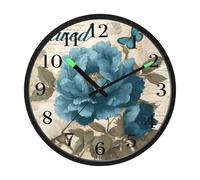 Vintage Blue Flower Butterfly Night Light Wall Clock Glow in Dark Light Up Wall Clocks Non-Ticking Silent Battery Operated Clocks 12 Inch for Bedroom Home