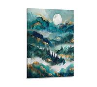 Vintage Blue Gold Mountain Canvas Wall Art, Watercolor Forest Full Moon Painting Print on Textured Canvas, Wall Poster Artwork for Living Room Bedroom Office Decor Frame 20x30inch(50x75cm)