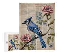 Vintage Blue Jay with Flower Decor 500 Piece Puzzle - Stunning Bird Artwork, Perfect for Bird and Nature Enthusiasts, Ideal for Gifting, Finished Size 21 x 15 Inches