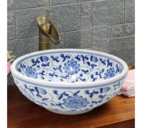 Vintage Blue Paisley Floral Hand Painted Patterned Glazed Bathroom Cloakroom Round Ceramic Porcelain Counter Top Kasbah Wash Basin Sink Washing Bowl