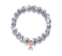 Vintage Blue/Pink Porcelain Beads Bracelets Pink Ribbon Breast Cancer Awareness Bracelet Bow Charm Stretch Bracelet Jewelry Gifts for Women, S, Zinc, no gemstone