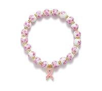 Vintage Blue/Pink Porcelain Beads Bracelets Pink Ribbon Breast Cancer Awareness Bracelet Bow Charm Stretch Bracelet Jewelry Gifts for Women, S, Zinc, no gemstone
