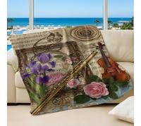 Vintage Blue Rose Printed Flannel Blanket, Nostalgic Letter Collage Throw Blanket Cozy Sofa Bed Blanket for Adults, Soft Warm Plush Blanket (02,150x200cm)