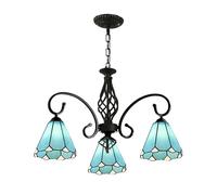 Vintage Blue Stained Glass Chandelier - Tiffany Style Cone Pendant Light with 3 Bulbs for Dining Room, Elegant Hanging Lamp for Home Decor