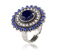 Vintage Blue Sunflower Statement Ring for Women Antique Round Crystal Evil Eye Protection Adjustable Expandable Open Wrap Wedding Cocktail Party Rings Comfort Fit Art Deco Jewelry