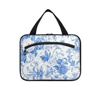 Vintage Blue White Roses Hanging Large Cosmetic Bags for Women with Hook, Designer Chic Tote Bag for Traveling Women Trip bolso de para Mujer L