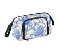 Vintage Blue White Roses Pencil Cases Large Capacity Brush and Pencil Case with Handle for Kids Preppy School