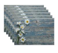 Vintage Blue Wood Panel Placemats Set of 6,White Daisy Table Mats Non-Slip Heat Resistant Washable Placemat for Party Kitchen Dining Table Decoration Indoor Outdoor