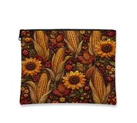 Vintage Bohemian Cosmetic Bag, Sunflower and Corn Pattern Travel Pouch for Women, Portable Canvas Zipper Organizer, Autumn Skincare Toiletry Bag, Brown, 7x9 Inch, Sunflower