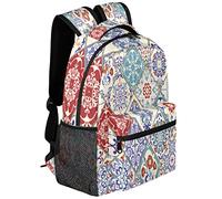 Vintage Bohemian Illustration Kids Backpack Art Flowers School Bags for Girls Boys Durable Canvas Casual Dayback with Double Mesh Side Pockets