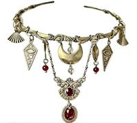 Vintage Boho Choker Necklace with Crescent Moon Charms, Red Gem, Bronze, Gothic Statement Bib for Festival, Prom, Cosplay