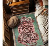 Vintage Boho Tiger Rug for Entryway 2x3 ft Tibetan Tiger Area Rug Washable Leopard Print Rug for Bedroom Green Pink Non Slip Low Pile Animal Floor Mat
