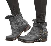 Vintage Boho Work Boots For Women Leather Studded Lace Up Metal Buckle Wrapped Wide Round Toe Chunky Block Low Heels Ankle Booties Bohemian Rivet Winter Fall Short Combat Boots For Riding
