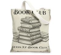 Vintage Book Stack Canvas Tote Bags, Literary Design Pattern Reusable Grocery Bags, Classic Lightweight Washable Shoulder S, Beige, 13x15 Inch