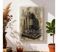 Vintage Book Stack Canvas Wall Art, Brown Gray Literary Decor, Rustic Home Aesthetic Art for Living Room, Office, Library, Wrapped Canvas 8x12 Inch