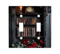 Vintage Bookcase Light Switch Cover Plates/Outlet Covers, Dark Wood Shelves with Roses, Elegant Home Décor, Standard Size Double Toggle