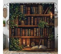Vintage Bookcase Shower Curtain, Dark Brown Library Home Decor, Autumn Rustic Antique Style Waterproof Fabric Shower Curtain Set with Hooks 72x78 Inch