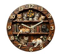 Vintage Bookshelf Cat Wall Clock, Warm Atmosphere Creation, 20x20cm, Cat Non-Ticking Clock, Round Printed Wall Clocks, Wood Aesthetic Design, For Living Room Nursery Classroom